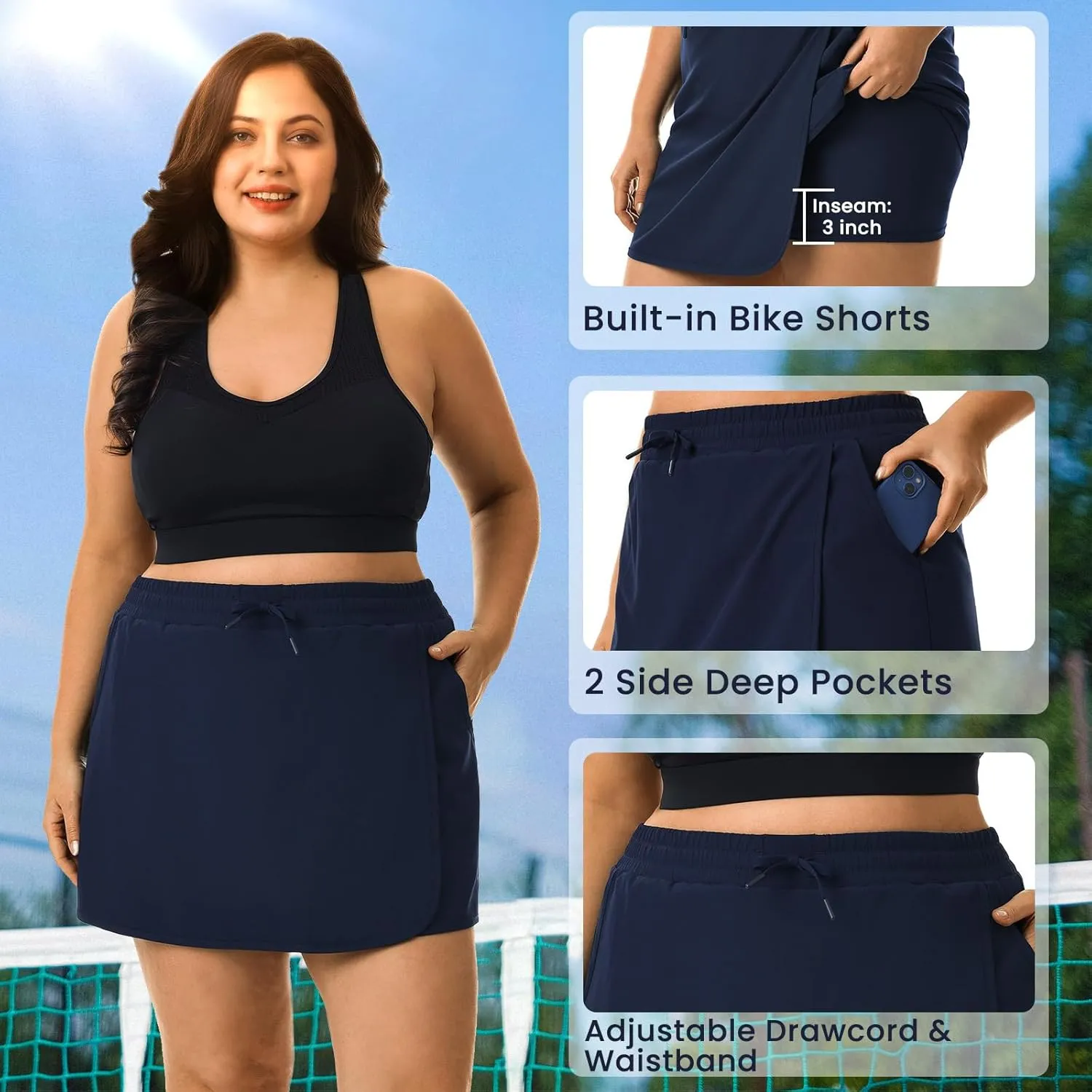 HOdo Plus Size Women's Tennis Skirt with Shorts Pockets Athletic Skorts Quick Dry Golf Active Skirts for Workout Sports 1X-5X