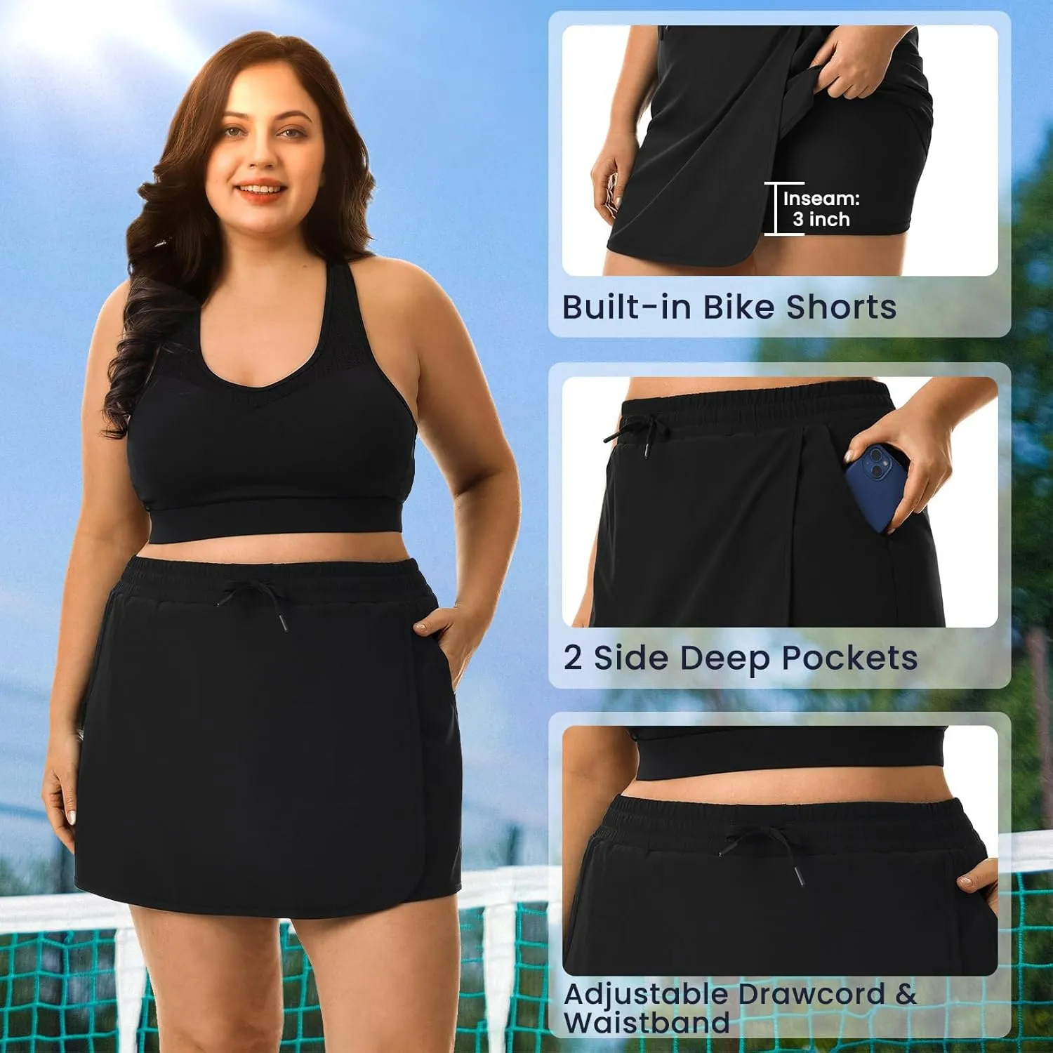 HOdo Plus Size Women's Tennis Skirt with Shorts Pockets Athletic Skorts Quick Dry Golf Active Skirts for Workout Sports 1X-5X
