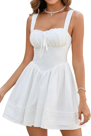 HTZMO Women Summer Casual Square Neck Mini Sundress Corset A Line Flowy Swing Cute Graduation Party Short Dress