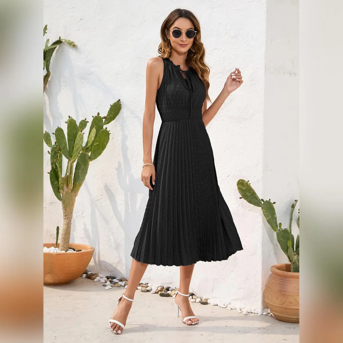 IDOPIP Women Summer Casual Pleated Midi Dress 2024 Tie Neck Swiss Dot Swing Dress Formal Shirred Waist Wedding Guest Dress