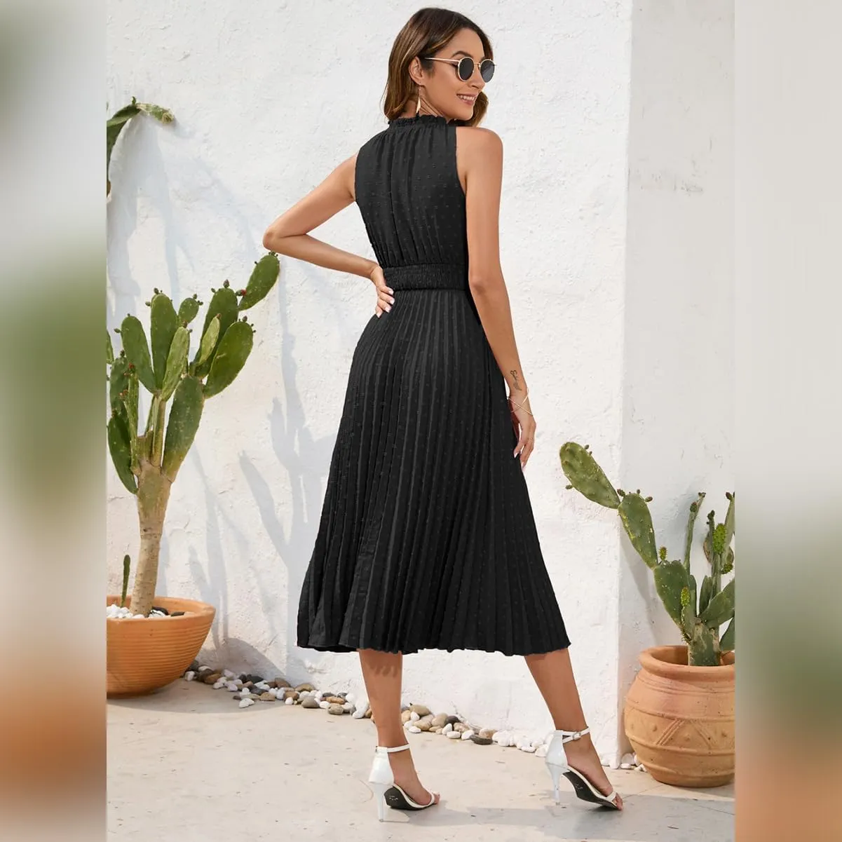 IDOPIP Women Summer Casual Pleated Midi Dress 2024 Tie Neck Swiss Dot Swing Dress Formal Shirred Waist Wedding Guest Dress