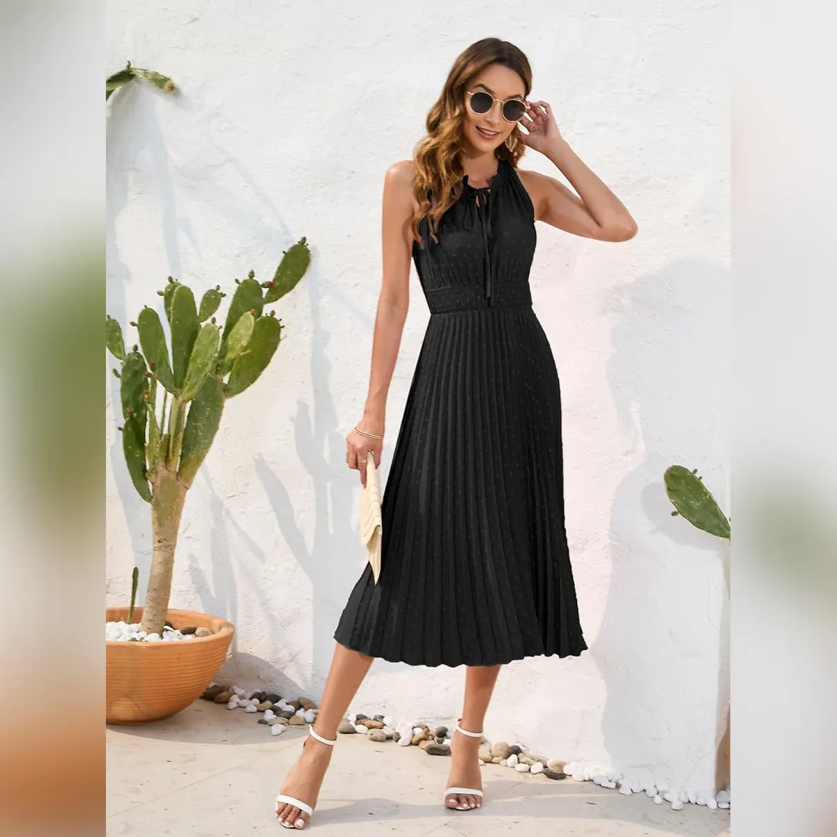 IDOPIP Women Summer Casual Pleated Midi Dress 2024 Tie Neck Swiss Dot Swing Dress Formal Shirred Waist Wedding Guest Dress