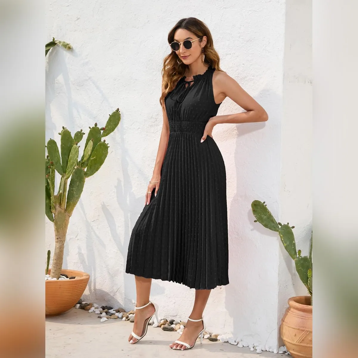 IDOPIP Women Summer Casual Pleated Midi Dress 2024 Tie Neck Swiss Dot Swing Dress Formal Shirred Waist Wedding Guest Dress