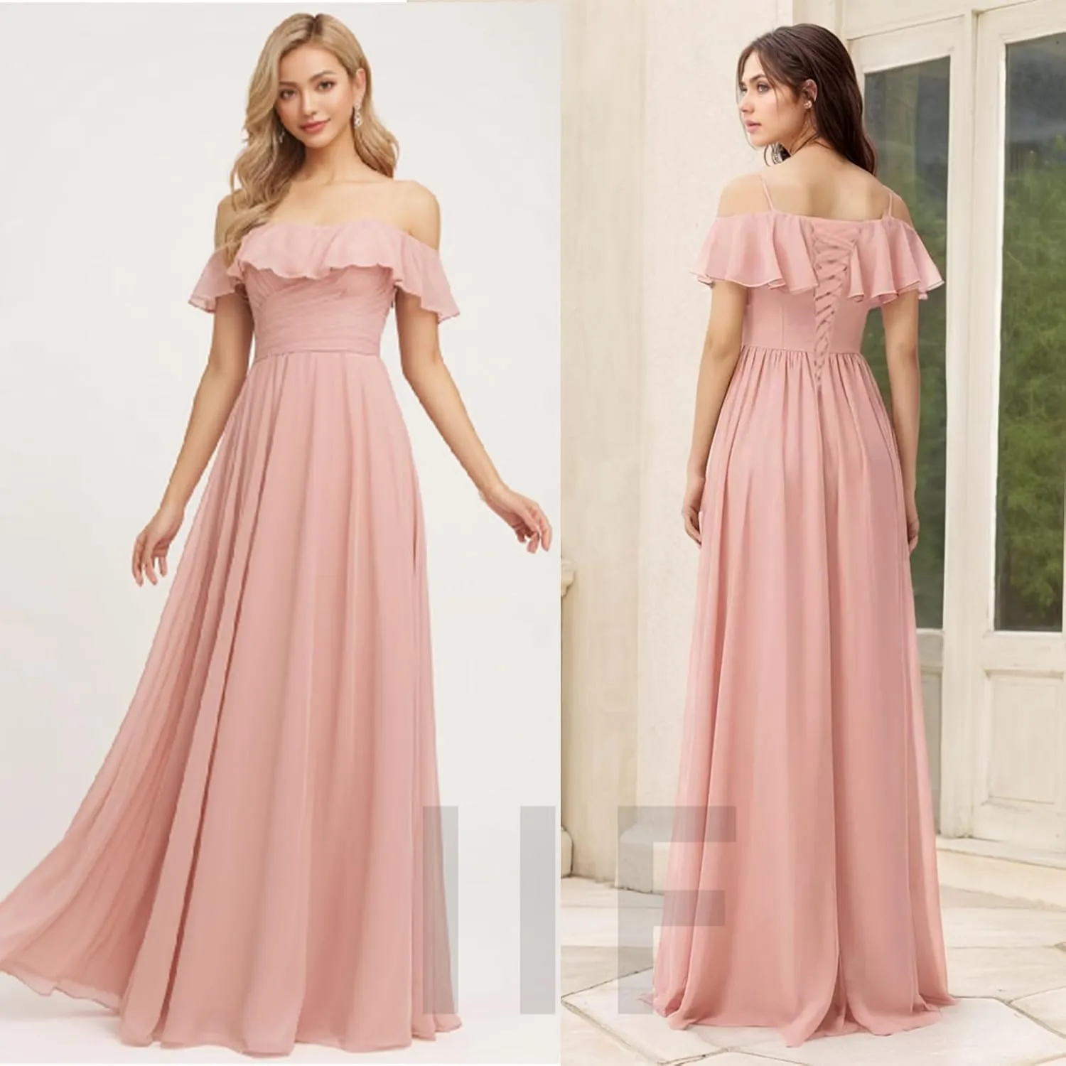 IIF Women's Off The Shoulder Bridesmaid Dresses Ruffle A-Line Chiffon Formal Prom Dress Ruched Long Evening Gown IIF147