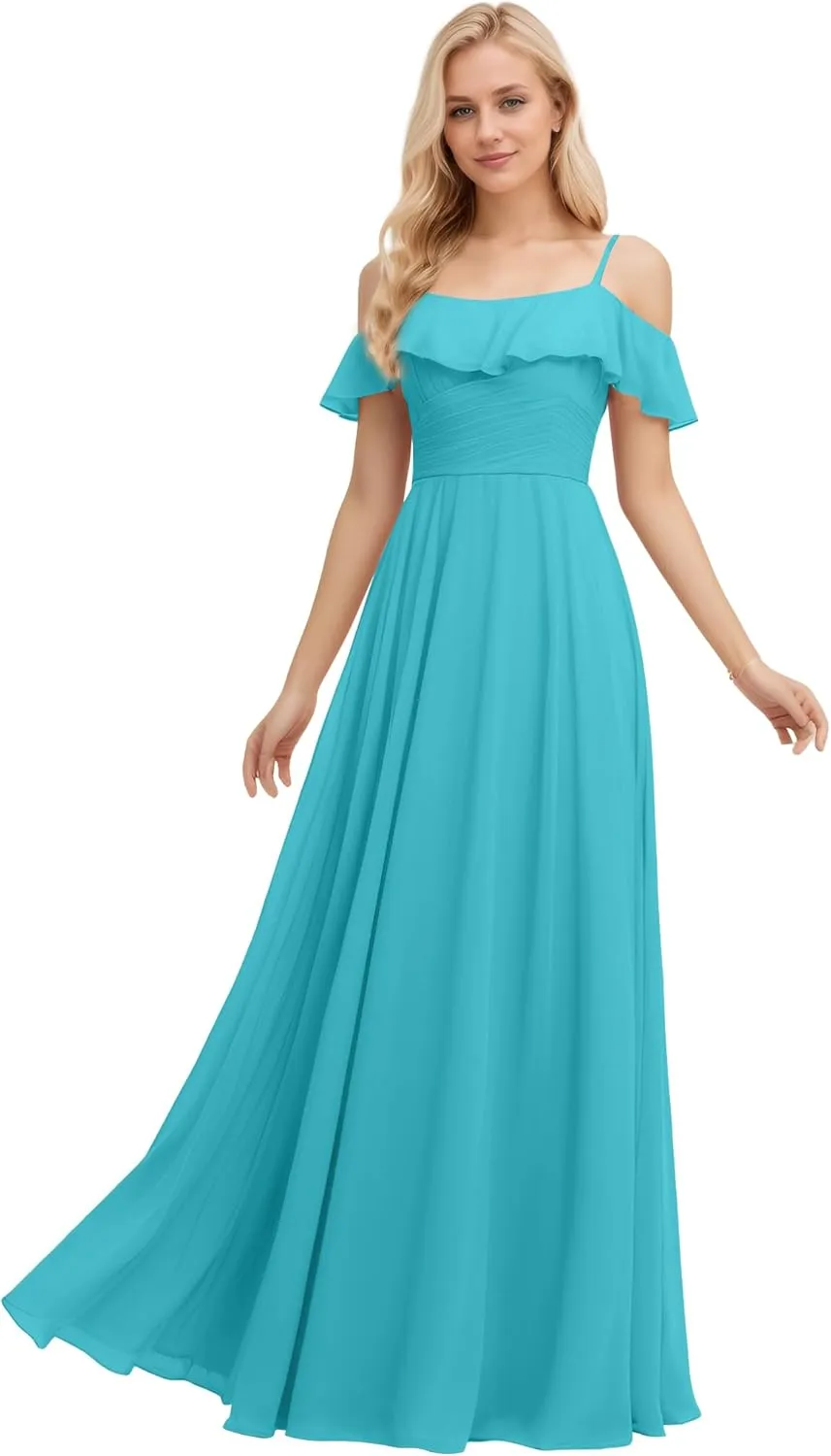 IIF Women's Off The Shoulder Bridesmaid Dresses Ruffle A-Line Chiffon Formal Prom Dress Ruched Long Evening Gown IIF147