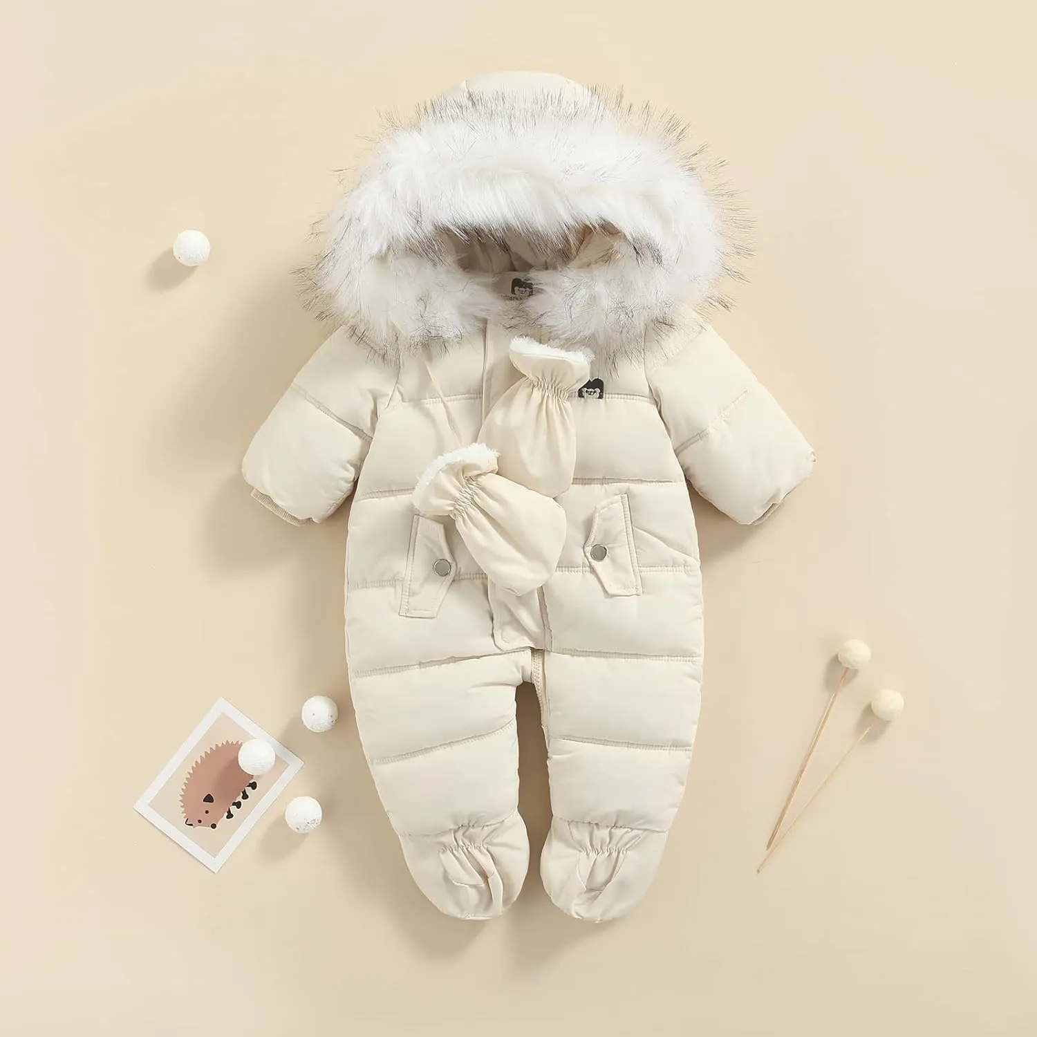 Infant Baby Boys Girls Winter Snowsuit Romper Hoodied Footie Outwear Toddler Jumpsuit Down Coat Jacket   Gloves