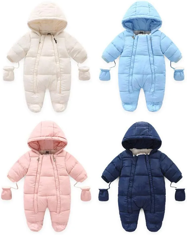 Infant Baby Boys Girls Winter Snowsuit Romper Hoodied Footie Outwear Toddler Jumpsuit Down Coat Jacket   Gloves