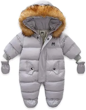 Infant Baby Boys Girls Winter Snowsuit Romper Hoodied Footie Outwear Toddler Jumpsuit Down Coat Jacket   Gloves