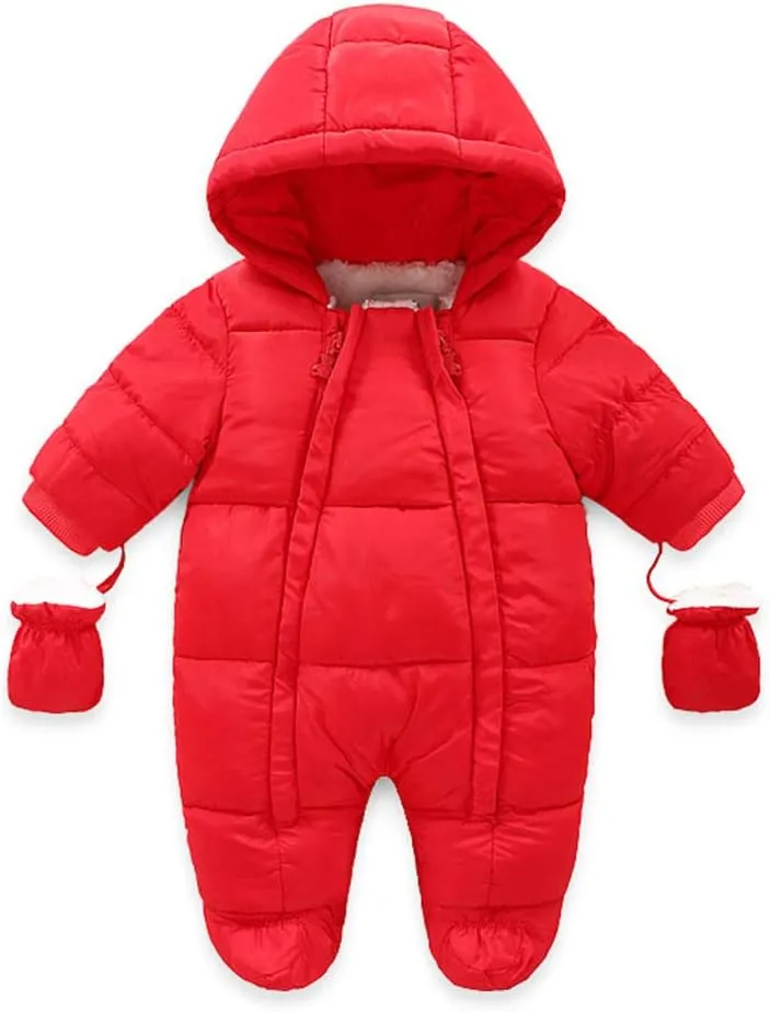 Infant Baby Boys Girls Winter Snowsuit Romper Hoodied Footie Outwear Toddler Jumpsuit Down Coat Jacket   Gloves