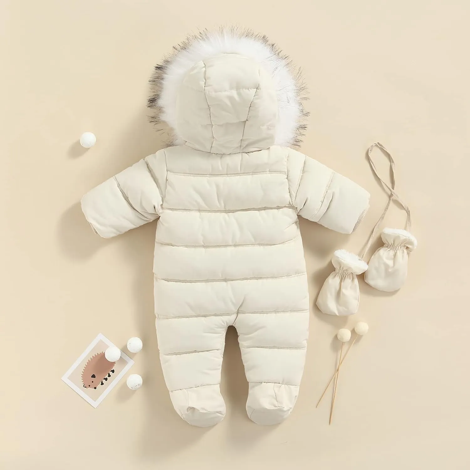 Infant Baby Boys Girls Winter Snowsuit Romper Hoodied Footie Outwear Toddler Jumpsuit Down Coat Jacket   Gloves