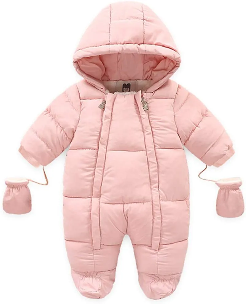 Infant Baby Boys Girls Winter Snowsuit Romper Hoodied Footie Outwear Toddler Jumpsuit Down Coat Jacket   Gloves