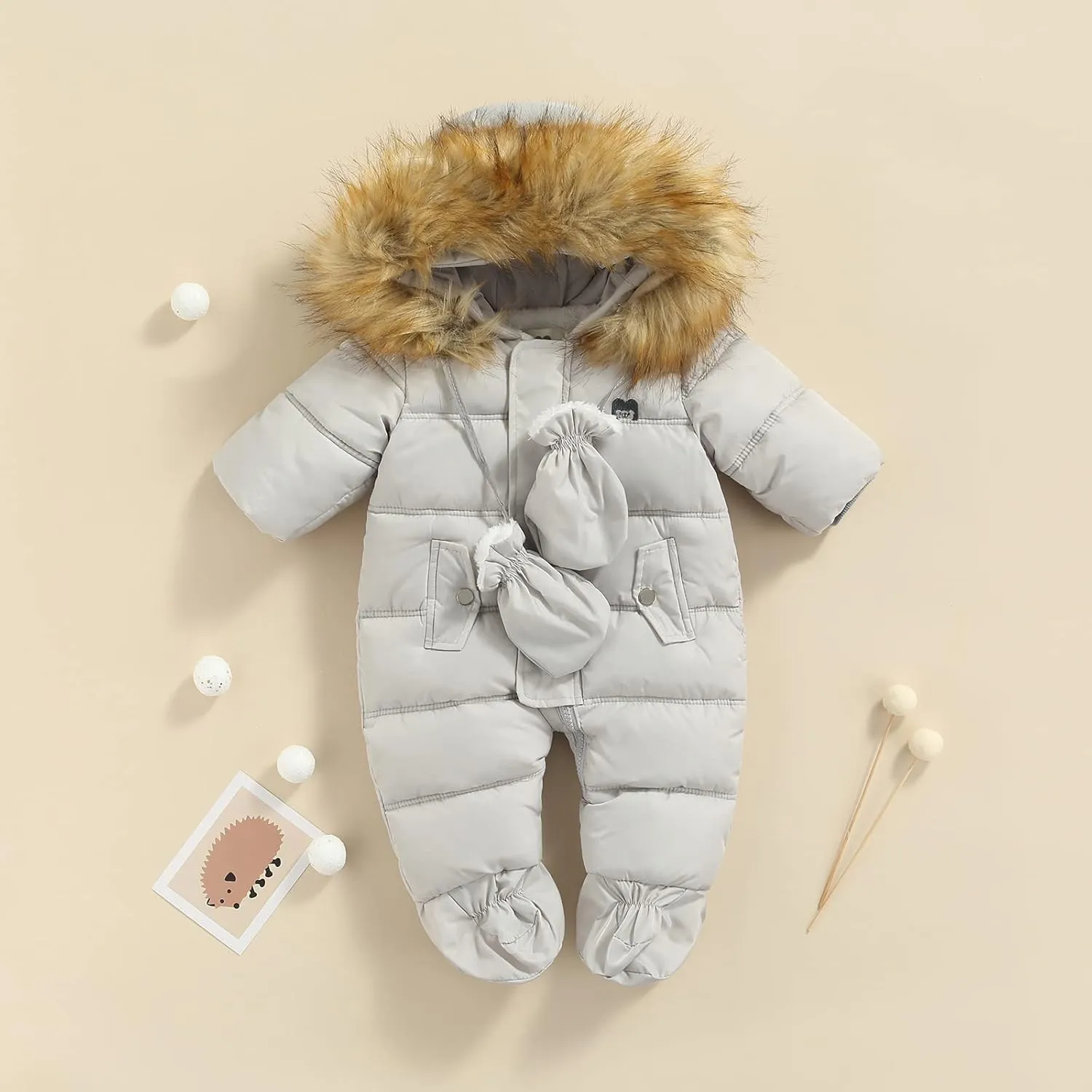 Infant Baby Boys Girls Winter Snowsuit Romper Hoodied Footie Outwear Toddler Jumpsuit Down Coat Jacket   Gloves