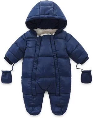 Infant Baby Boys Girls Winter Snowsuit Romper Hoodied Footie Outwear Toddler Jumpsuit Down Coat Jacket   Gloves