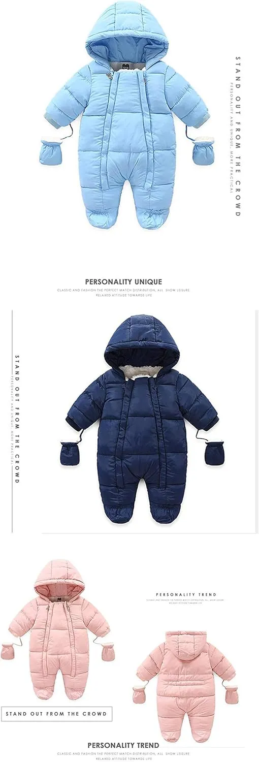 Infant Baby Boys Girls Winter Snowsuit Romper Hoodied Footie Outwear Toddler Jumpsuit Down Coat Jacket   Gloves