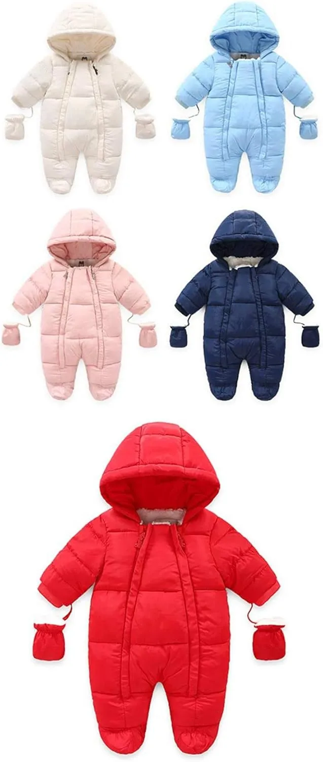 Infant Baby Boys Girls Winter Snowsuit Romper Hoodied Footie Outwear Toddler Jumpsuit Down Coat Jacket   Gloves