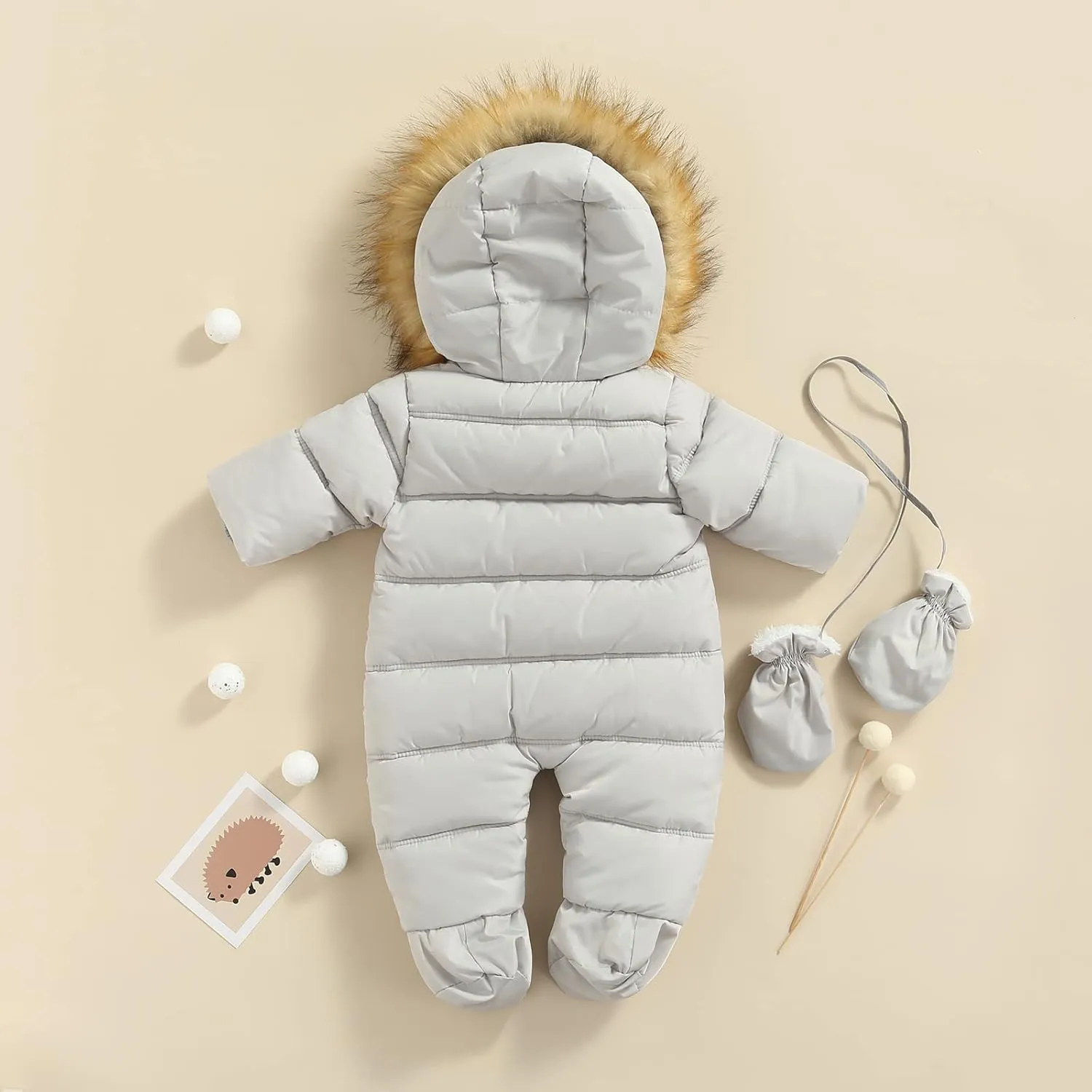 Infant Baby Boys Girls Winter Snowsuit Romper Hoodied Footie Outwear Toddler Jumpsuit Down Coat Jacket   Gloves
