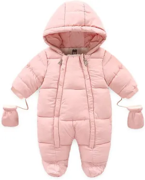 Infant Baby Boys Girls Winter Snowsuit Romper Hoodied Footie Outwear Toddler Jumpsuit Down Coat Jacket   Gloves