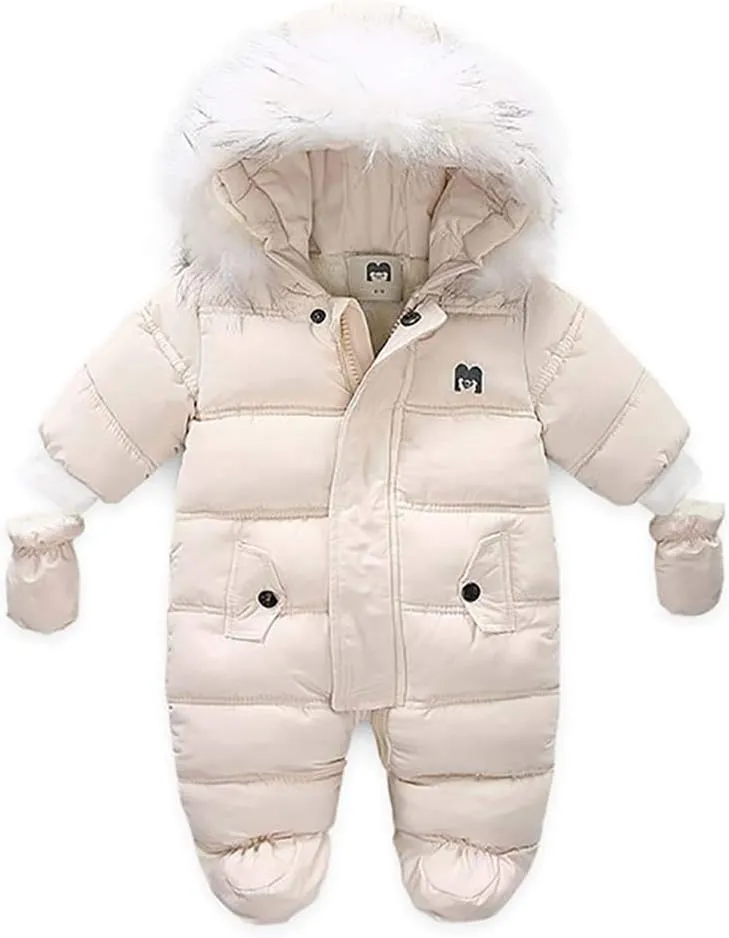 Infant Baby Boys Girls Winter Snowsuit Romper Hoodied Footie Outwear Toddler Jumpsuit Down Coat Jacket   Gloves
