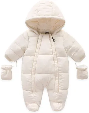 Infant Baby Boys Girls Winter Snowsuit Romper Hoodied Footie Outwear Toddler Jumpsuit Down Coat Jacket   Gloves