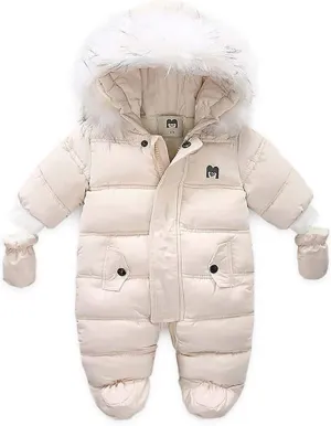 Infant Baby Boys Girls Winter Snowsuit Romper Hoodied Footie Outwear Toddler Jumpsuit Down Coat Jacket   Gloves