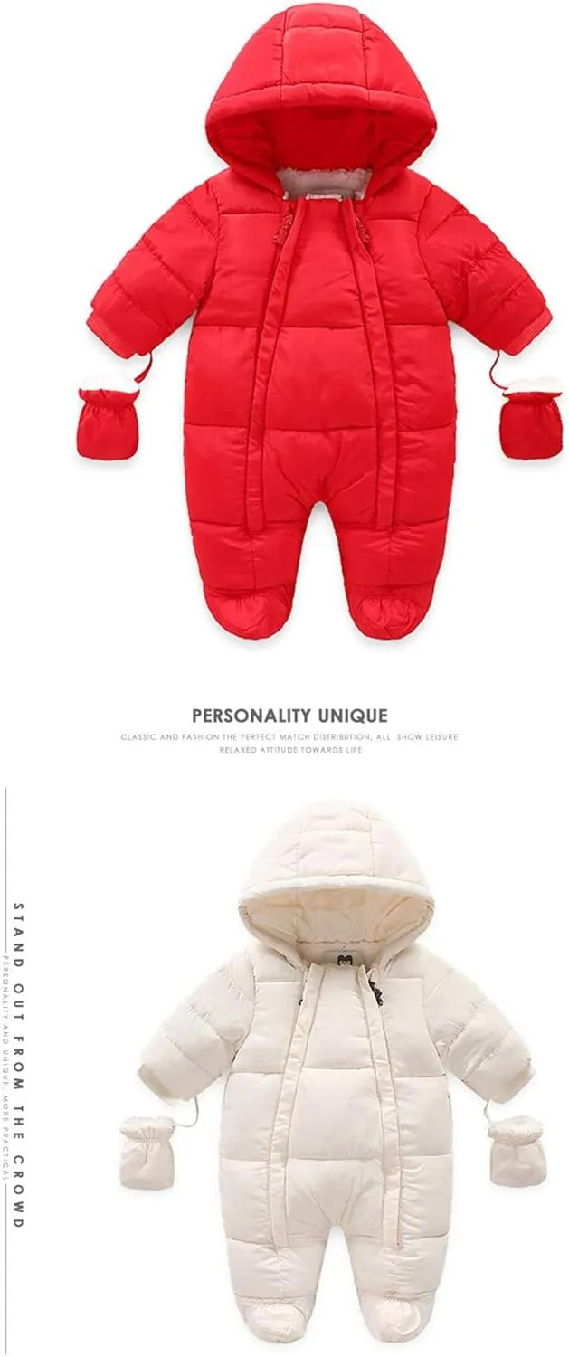 Infant Baby Boys Girls Winter Snowsuit Romper Hoodied Footie Outwear Toddler Jumpsuit Down Coat Jacket   Gloves