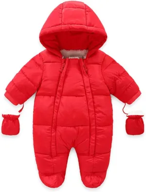 Infant Baby Boys Girls Winter Snowsuit Romper Hoodied Footie Outwear Toddler Jumpsuit Down Coat Jacket   Gloves