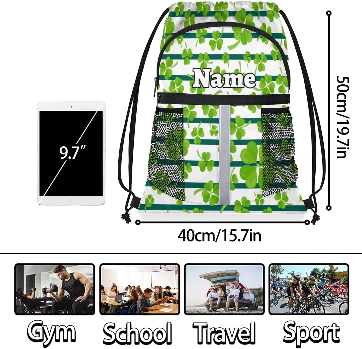 Irish Shamrock Custom Drawstring Backpack Green Shamrock Clover Personalized Dance Bags Lightweight Backpacks for Men Women Adults Birthday Gifts Mini Gym Sports Beach Swim Travel Drawstring Bag
