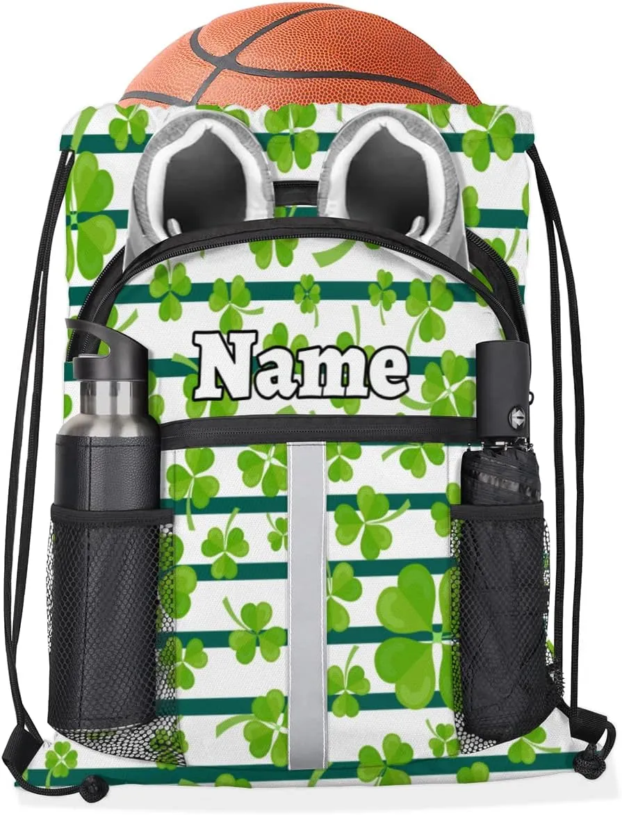 Irish Shamrock Custom Drawstring Backpack Green Shamrock Clover Personalized Dance Bags Lightweight Backpacks for Men Women Adults Birthday Gifts Mini Gym Sports Beach Swim Travel Drawstring Bag