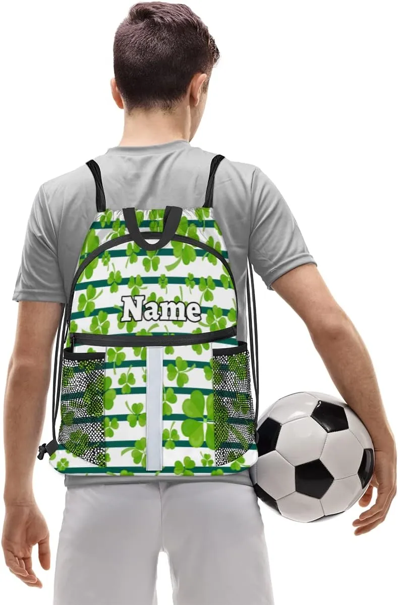 Irish Shamrock Custom Drawstring Backpack Green Shamrock Clover Personalized Dance Bags Lightweight Backpacks for Men Women Adults Birthday Gifts Mini Gym Sports Beach Swim Travel Drawstring Bag