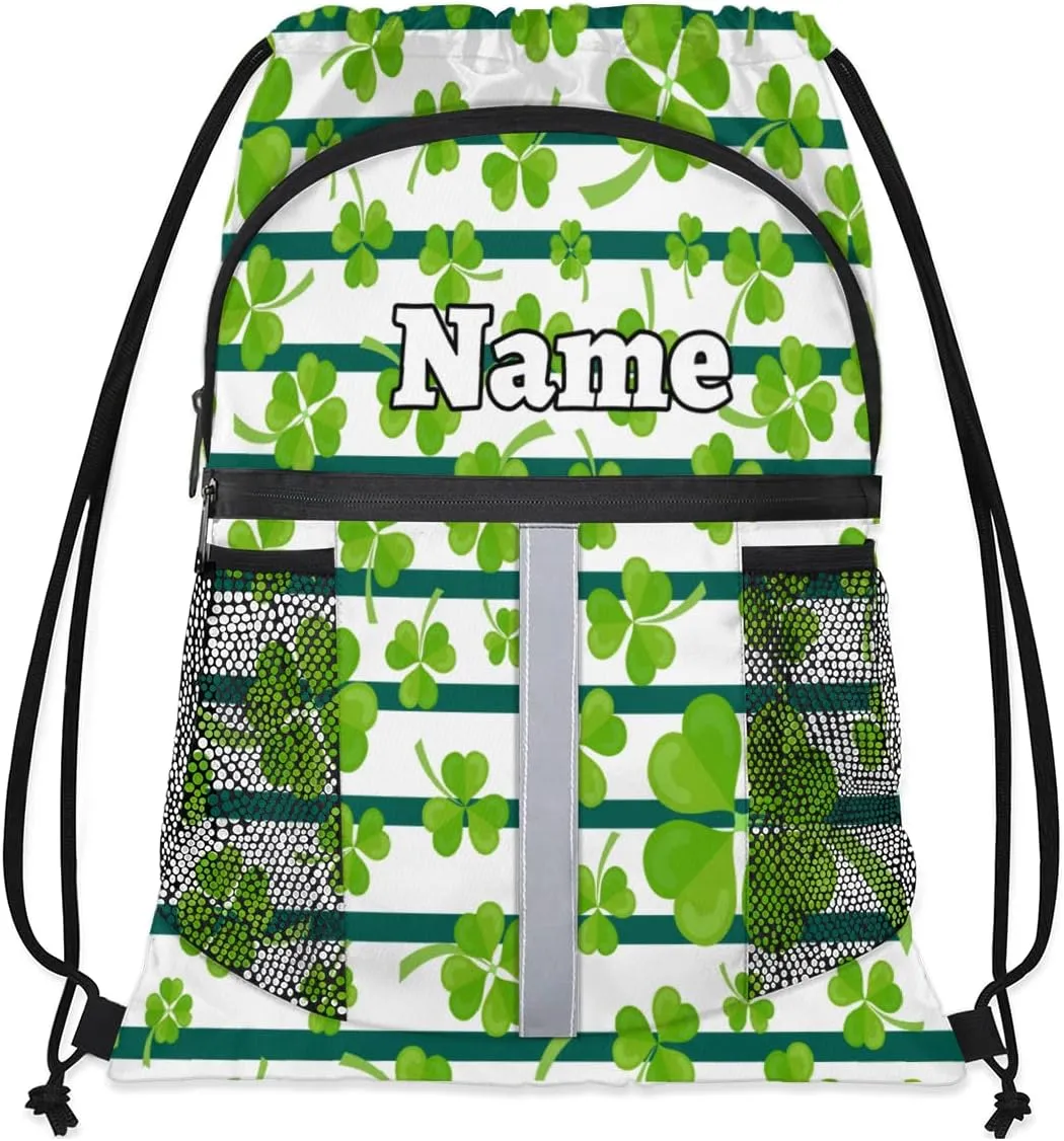 Irish Shamrock Custom Drawstring Backpack Green Shamrock Clover Personalized Dance Bags Lightweight Backpacks for Men Women Adults Birthday Gifts Mini Gym Sports Beach Swim Travel Drawstring Bag