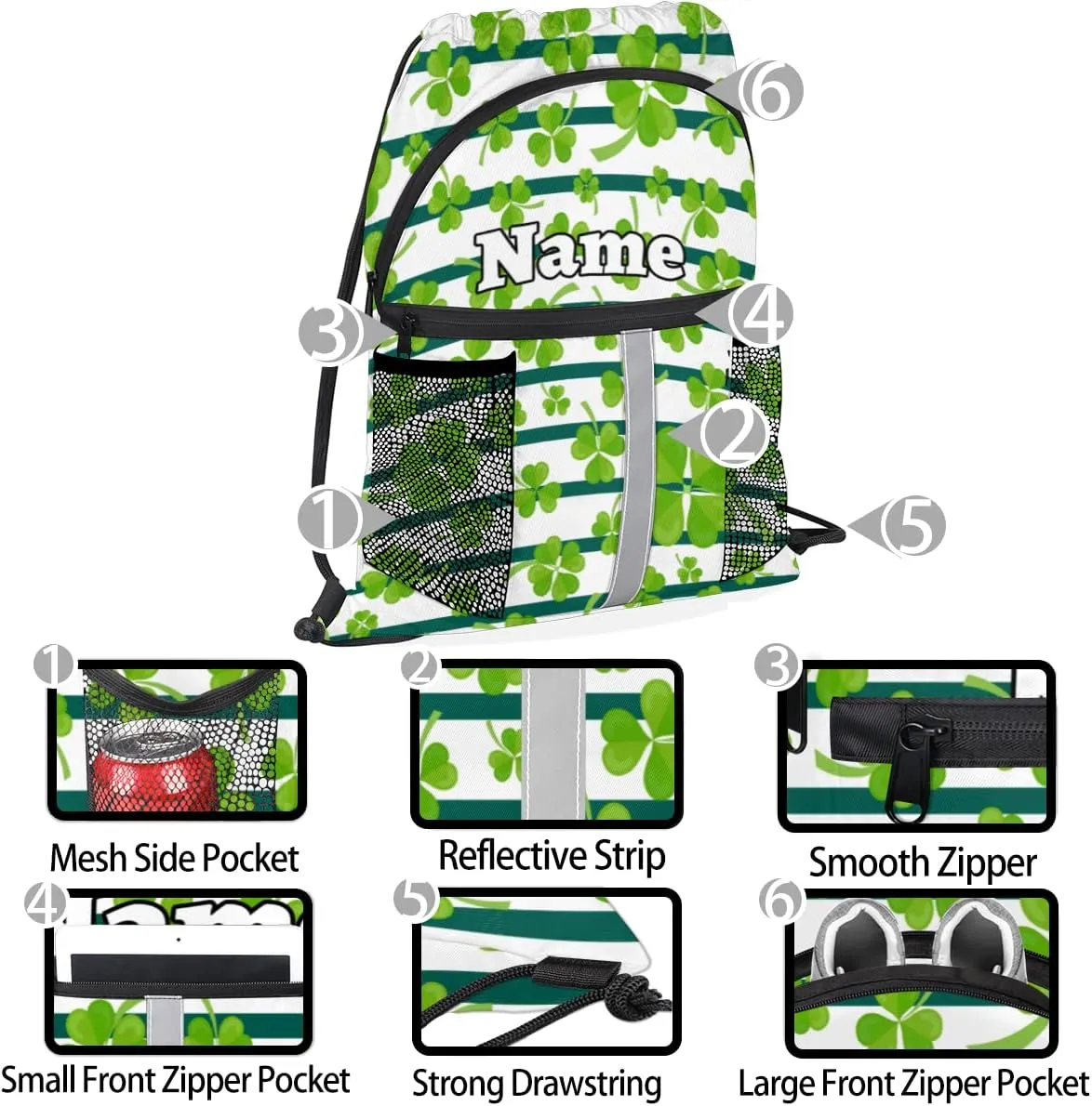 Irish Shamrock Custom Drawstring Backpack Green Shamrock Clover Personalized Dance Bags Lightweight Backpacks for Men Women Adults Birthday Gifts Mini Gym Sports Beach Swim Travel Drawstring Bag