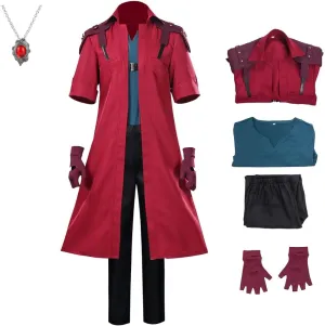 IS MY BIKE OKAY Men Devil Dante Cosplay Costume Jacket Steampunk Outfit Anime Red Trench Coat Gloves Necklace Halloween