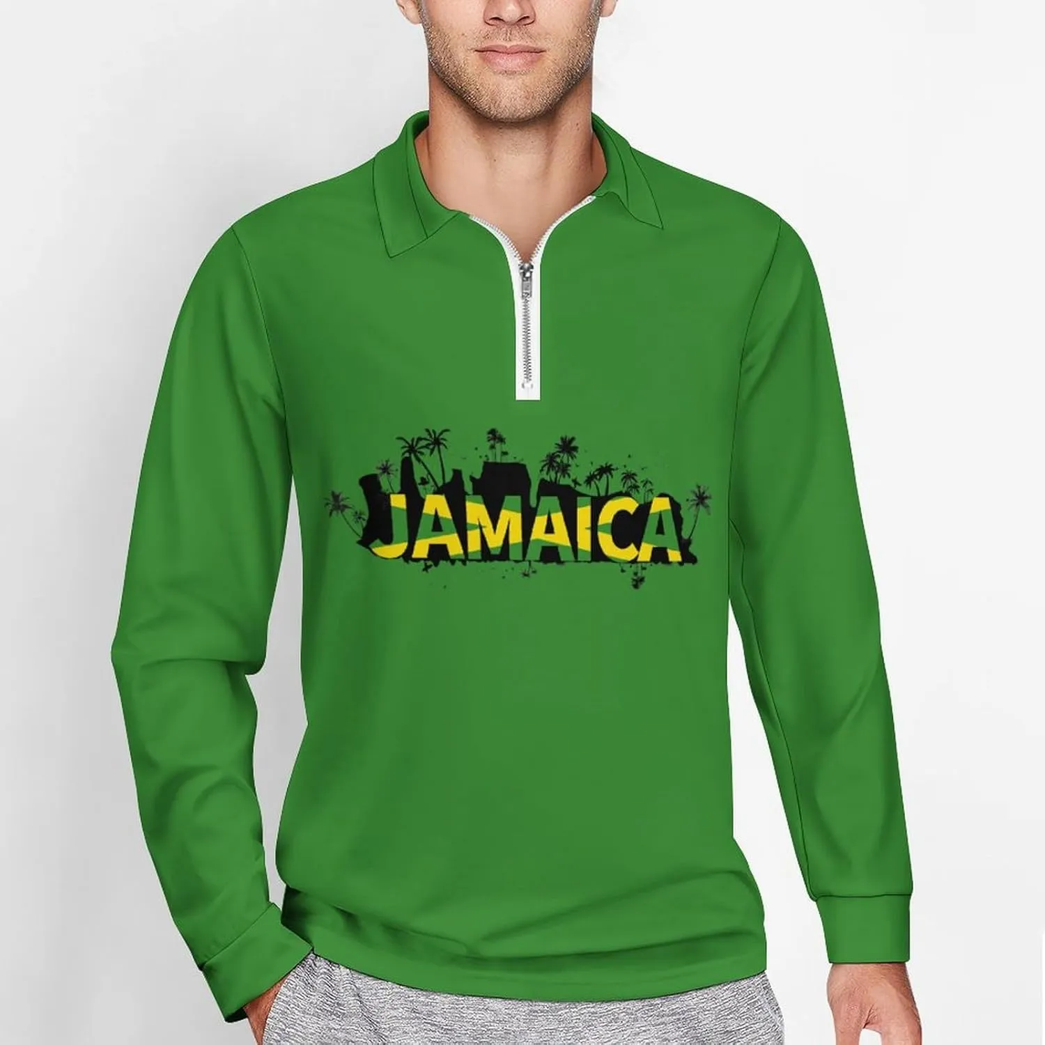 Jamaica Flag Mens Long Sleeve Classic Polo- Shirts Unique Polo- Shirts Office Work Shirts for Men