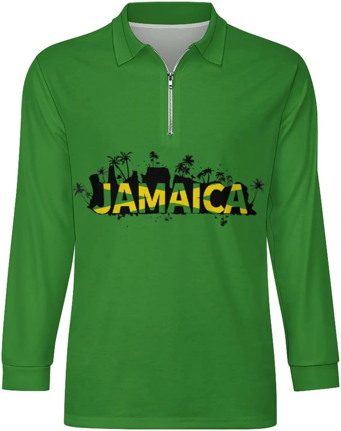 Jamaica Flag Mens Long Sleeve Classic Polo- Shirts Unique Polo- Shirts Office Work Shirts for Men