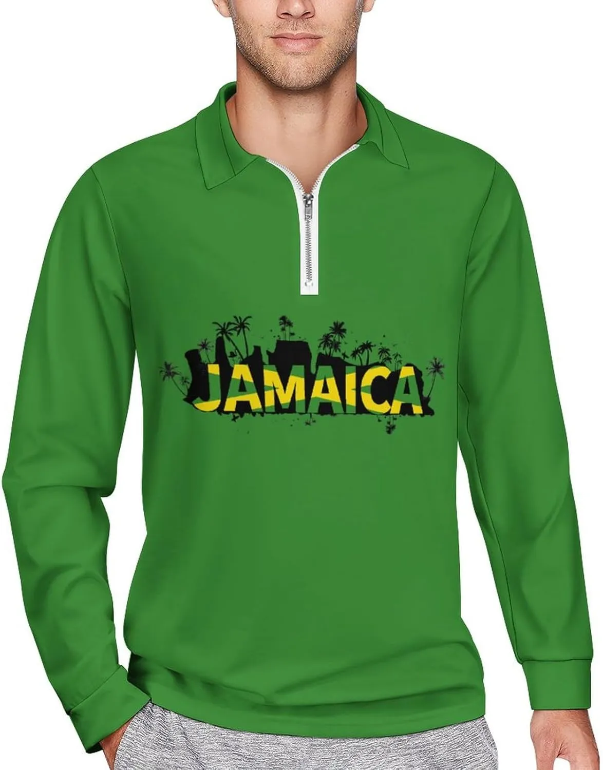 Jamaica Flag Mens Long Sleeve Classic Polo- Shirts Unique Polo- Shirts Office Work Shirts for Men