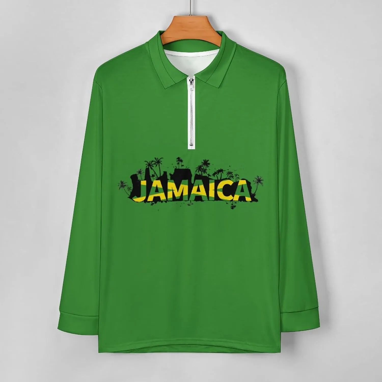 Jamaica Flag Mens Long Sleeve Classic Polo- Shirts Unique Polo- Shirts Office Work Shirts for Men