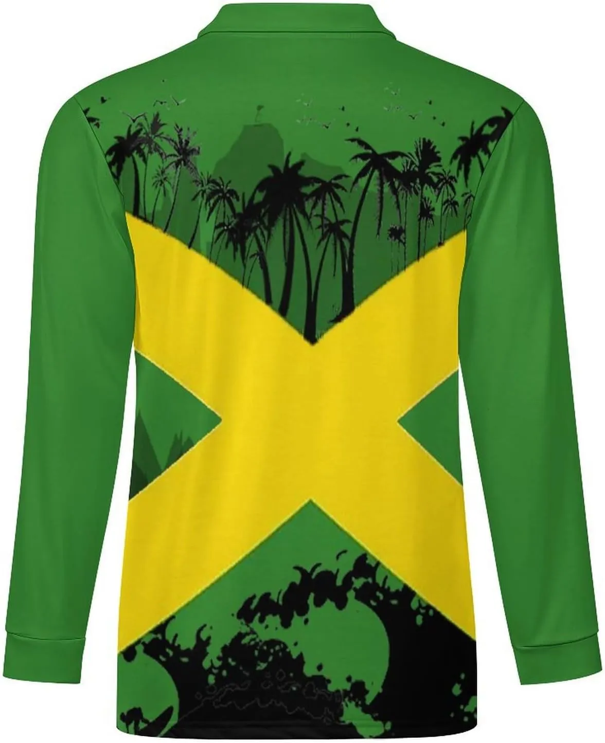 Jamaica Flag Mens Long Sleeve Classic Polo- Shirts Unique Polo- Shirts Office Work Shirts for Men