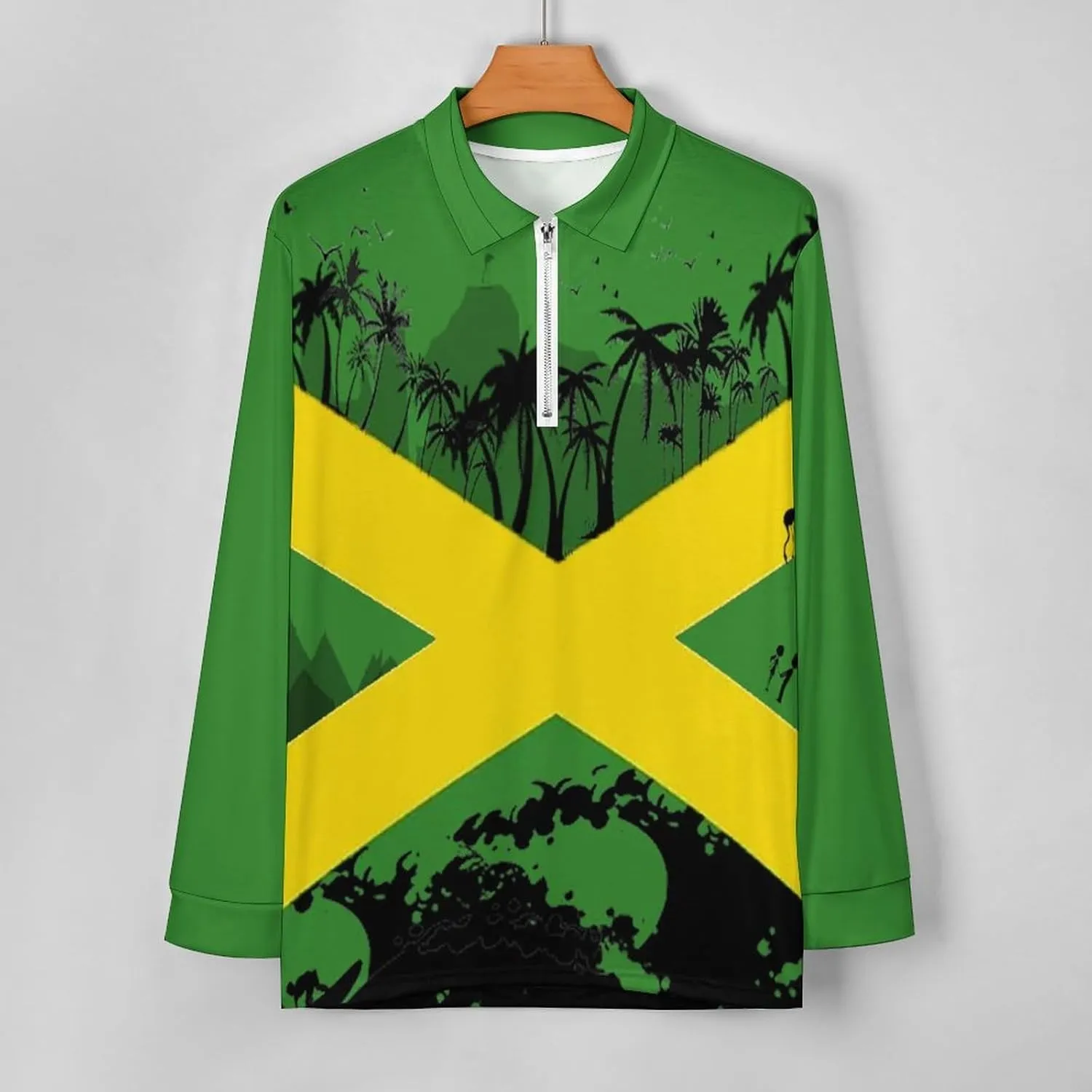 Jamaica Flag Mens Long Sleeve Classic Polo- Shirts Unique Polo- Shirts Office Work Shirts for Men