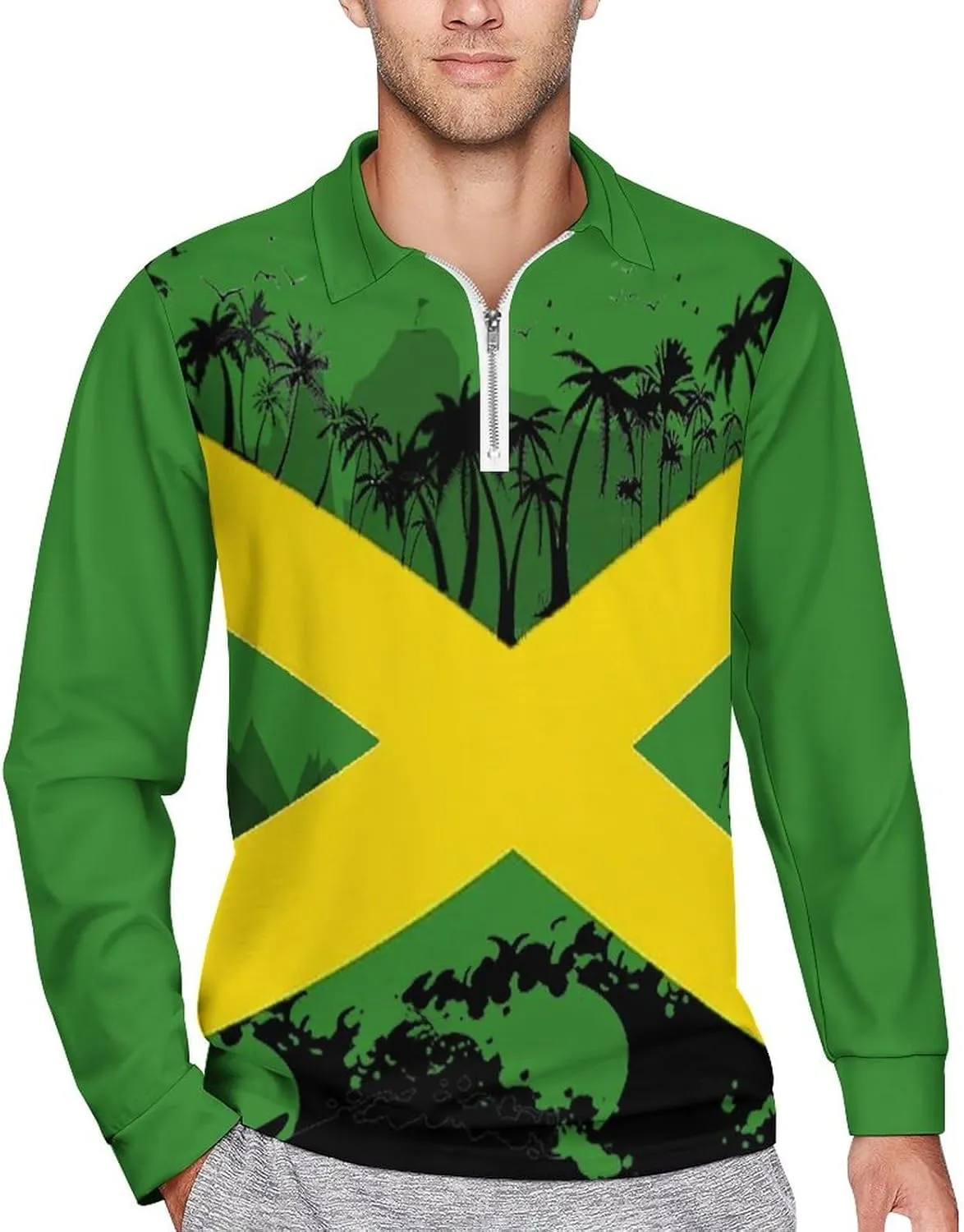 Jamaica Flag Mens Long Sleeve Classic Polo- Shirts Unique Polo- Shirts Office Work Shirts for Men