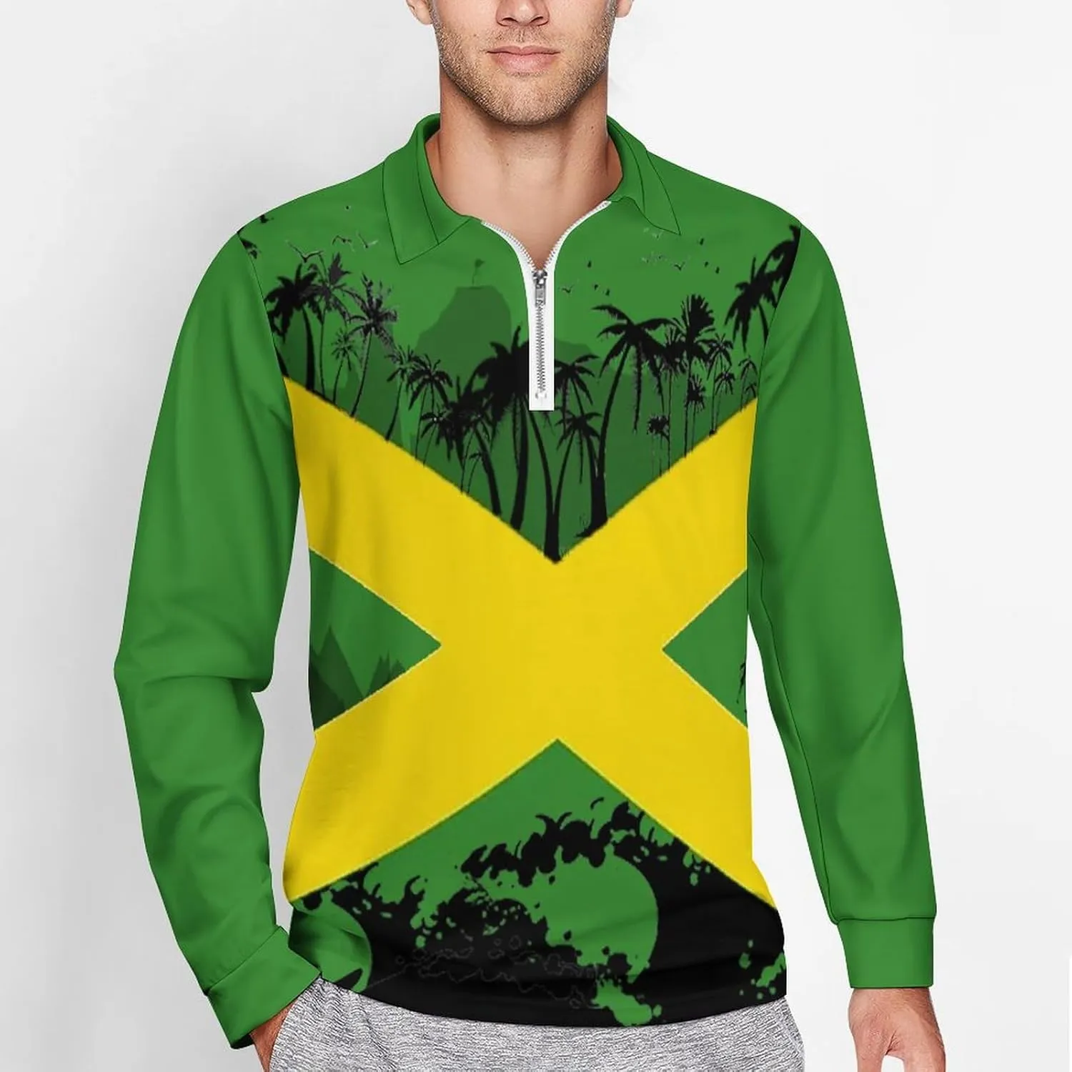Jamaica Flag Mens Long Sleeve Classic Polo- Shirts Unique Polo- Shirts Office Work Shirts for Men