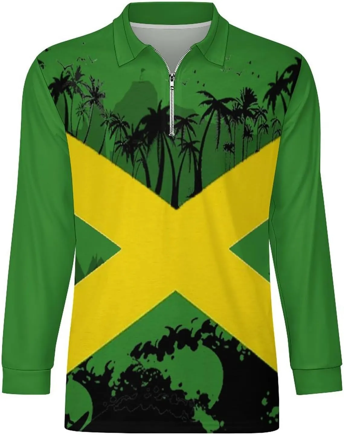 Jamaica Flag Mens Long Sleeve Classic Polo- Shirts Unique Polo- Shirts Office Work Shirts for Men