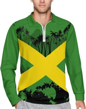 Jamaica Flag Mens Long Sleeve Classic Polo- Shirts Unique Polo- Shirts Office Work Shirts for Men