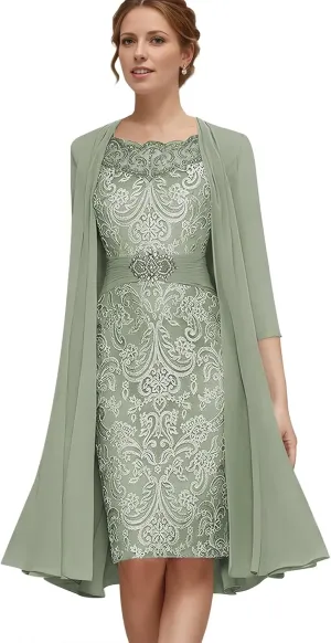 Jamille 2 Pieces Mother of The Bride Dress with Jacket Beaded Lace Appliques Evening Dress Chiffon 3/4 Sleeves JA0107