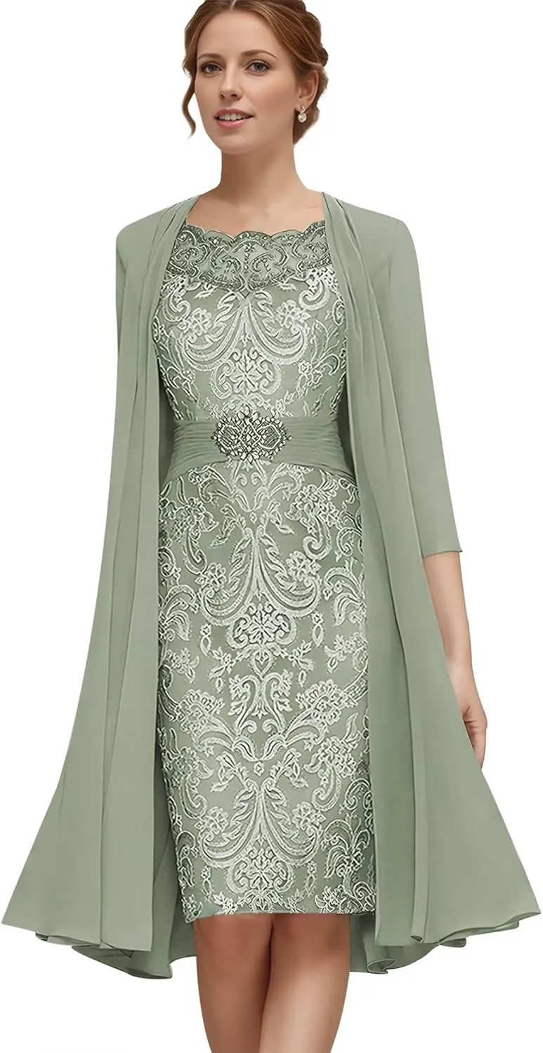 Jamille 2 Pieces Mother of The Bride Dress with Jacket Beaded Lace Appliques Evening Dress Chiffon 3/4 Sleeves JA0107