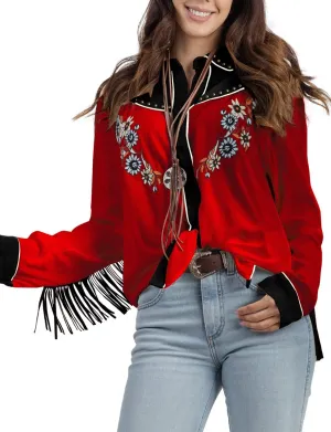 JOHN MOON Women's Embroidered Western Long Sleeve Buttons Down Shirts Collared Retro Casual Blouses Shirts