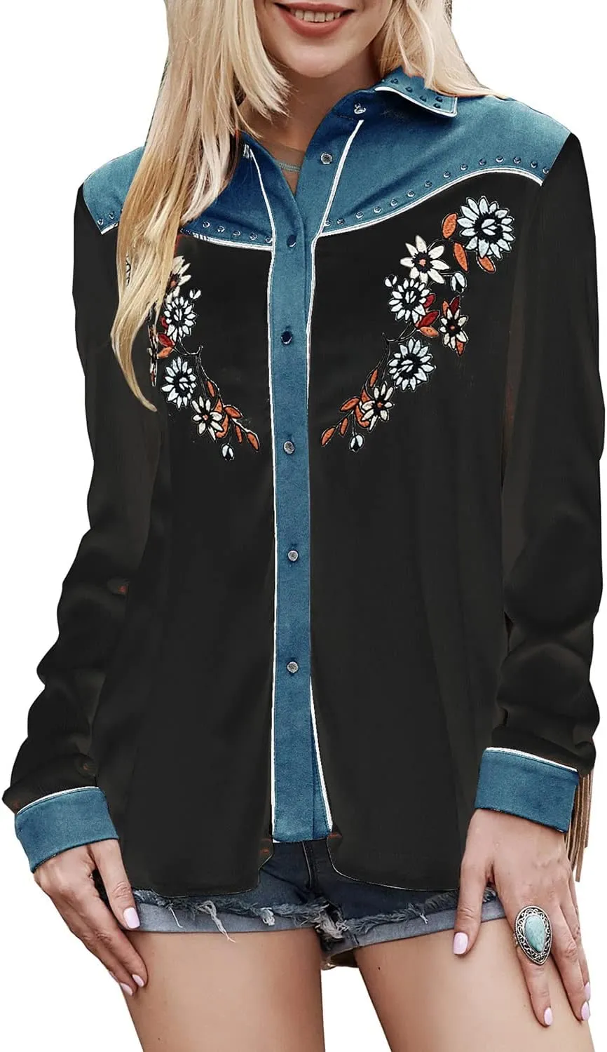 JOHN MOON Women's Embroidered Western Long Sleeve Buttons Down Shirts Collared Retro Casual Blouses Shirts