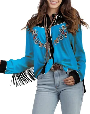 JOHN MOON Women's Embroidered Western Long Sleeve Buttons Down Shirts Collared Retro Casual Blouses Shirts
