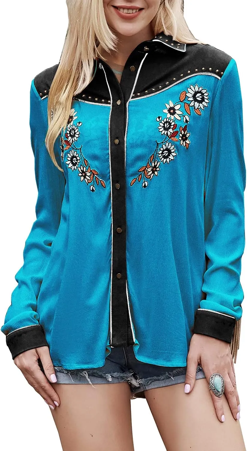 JOHN MOON Women's Embroidered Western Long Sleeve Buttons Down Shirts Collared Retro Casual Blouses Shirts