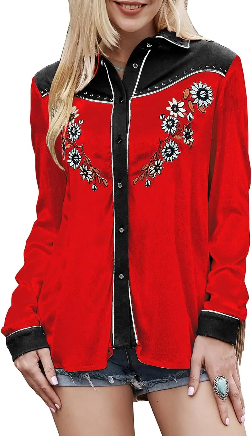 JOHN MOON Women's Embroidered Western Long Sleeve Buttons Down Shirts Collared Retro Casual Blouses Shirts