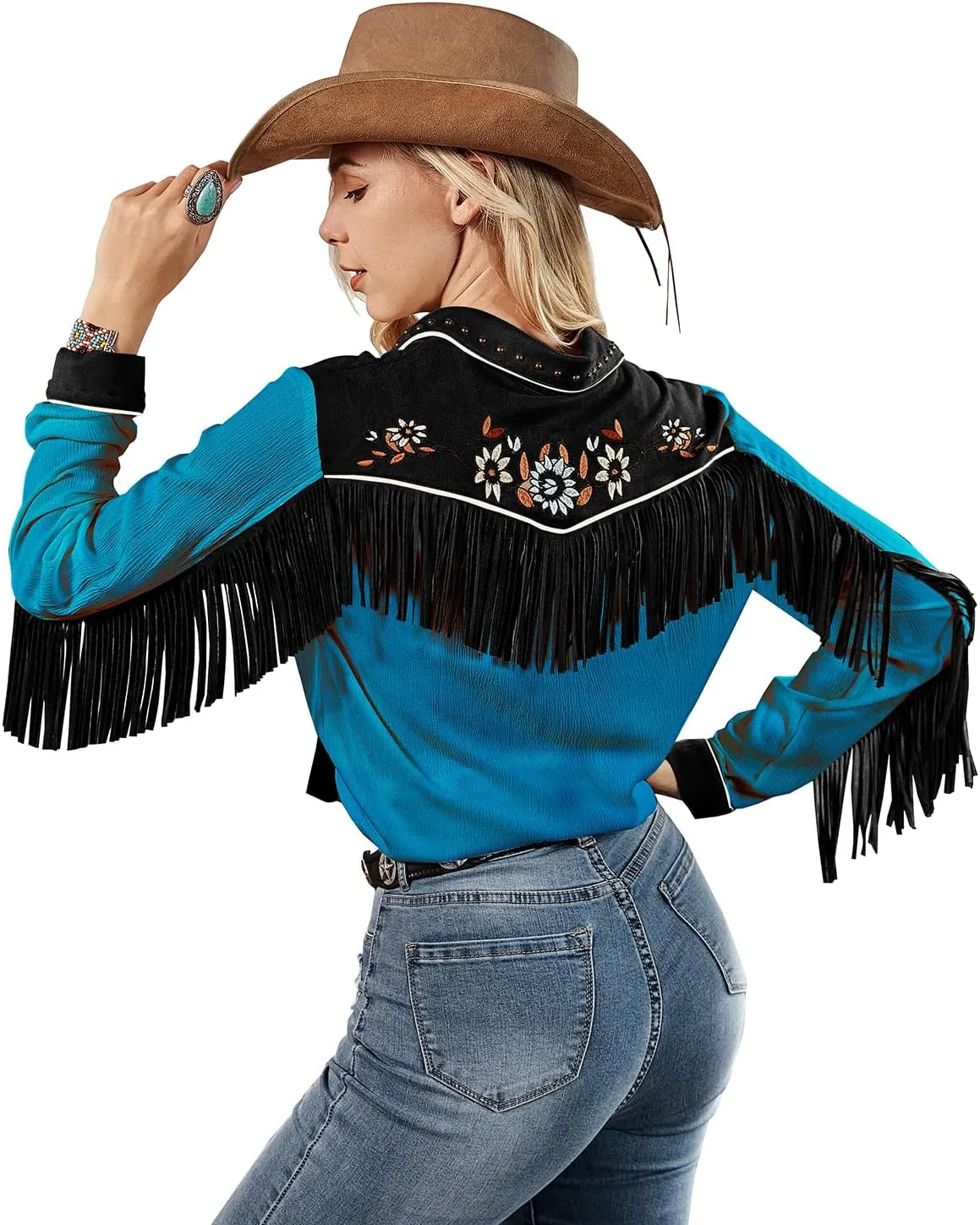 JOHN MOON Women's Embroidered Western Long Sleeve Buttons Down Shirts Collared Retro Casual Blouses Shirts